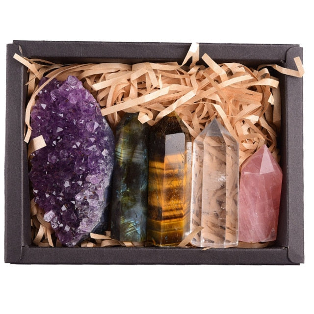 1set  Natural Rose quartz Hexagonal Column amethyst cluster Healing Wand Mineral Crystal point Kit