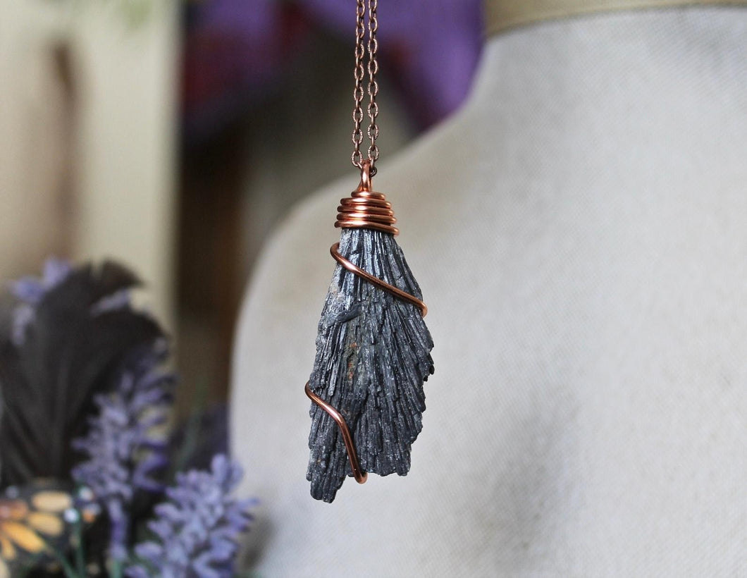 Black Kyanite Necklace, Wire Wrapped Stone Raw Crystal