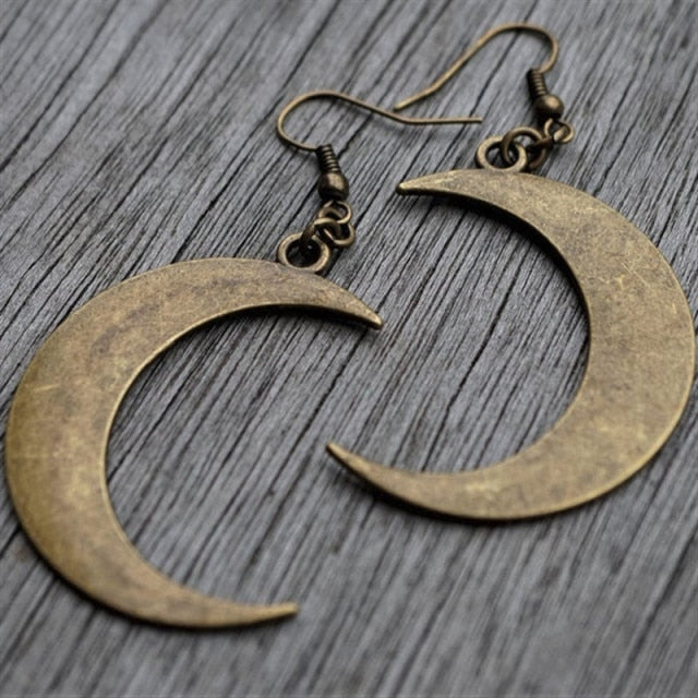 Big Crescent Moon Bronze Long Earrings