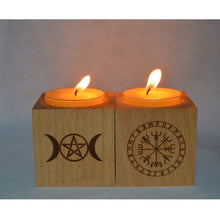 Load image into Gallery viewer, Wood Altar candle holders with triple moon and Viking compass runes ritual light
