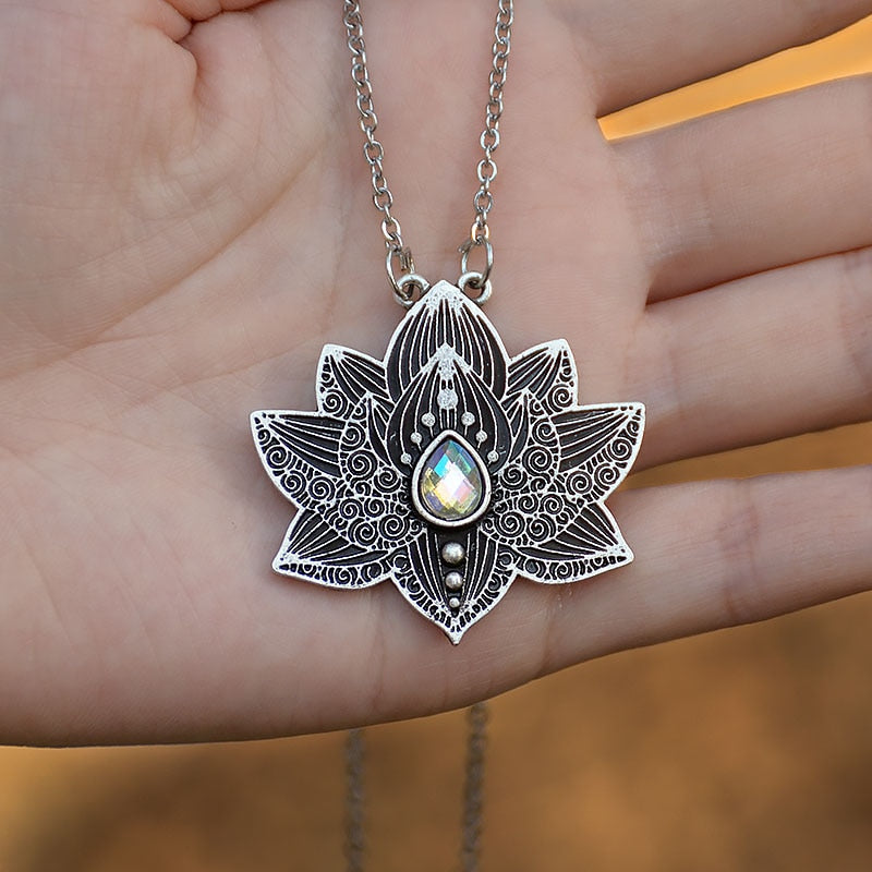 Silver Mandala Crystal Lotus Pendant Necklace Spirit Meditation Jewelry