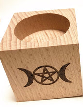 Load image into Gallery viewer, Wood Altar candle holders with triple moon and Viking compass runes ritual light
