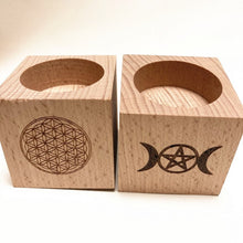 Load image into Gallery viewer, Wood Altar candle holders with triple moon and Viking compass runes ritual light
