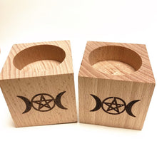 Load image into Gallery viewer, Wood Altar candle holders with triple moon and Viking compass runes ritual light
