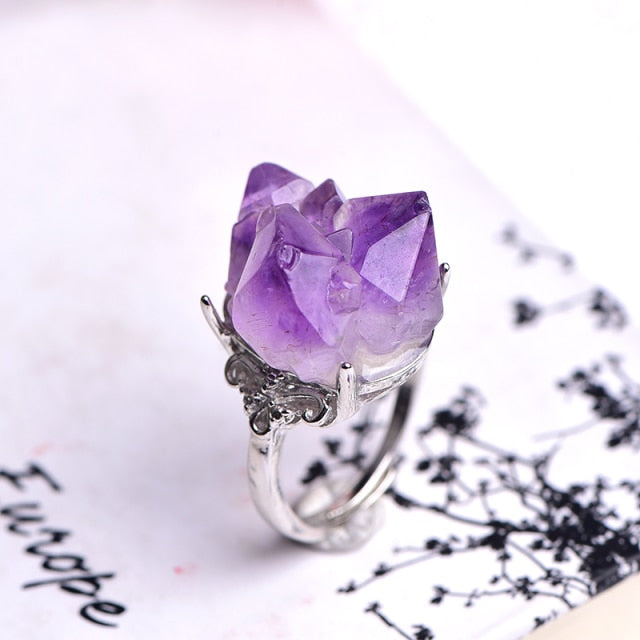 1PC Natural Amethyst Cluster Ring Adjustable