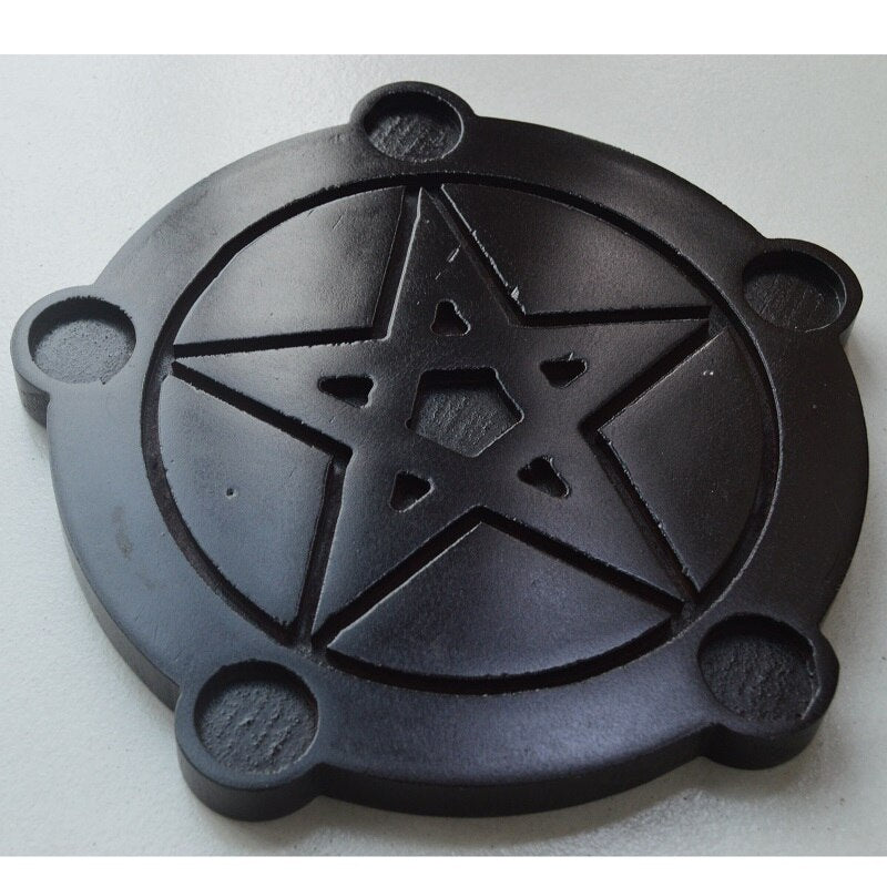 Wood AltarCandle Holders Pentagram Ritual Plate