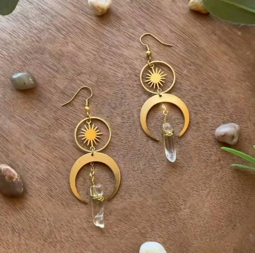 Sun Crescent Moon Quartz Earrings Celestial