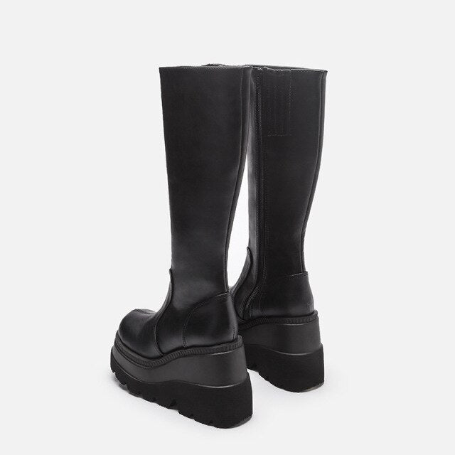 Solid Mid Calf Zipper High Wedges Boots