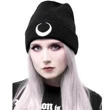 Load image into Gallery viewer, Grunge Black Crescent Moon Beanie
