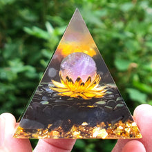 Load image into Gallery viewer, Flower Of Life Orgone Pyramid Natural Crystal Energy Obsidian + Amethyst
