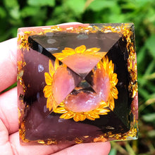 Load image into Gallery viewer, Flower Of Life Orgone Pyramid Natural Crystal Energy Obsidian + Amethyst
