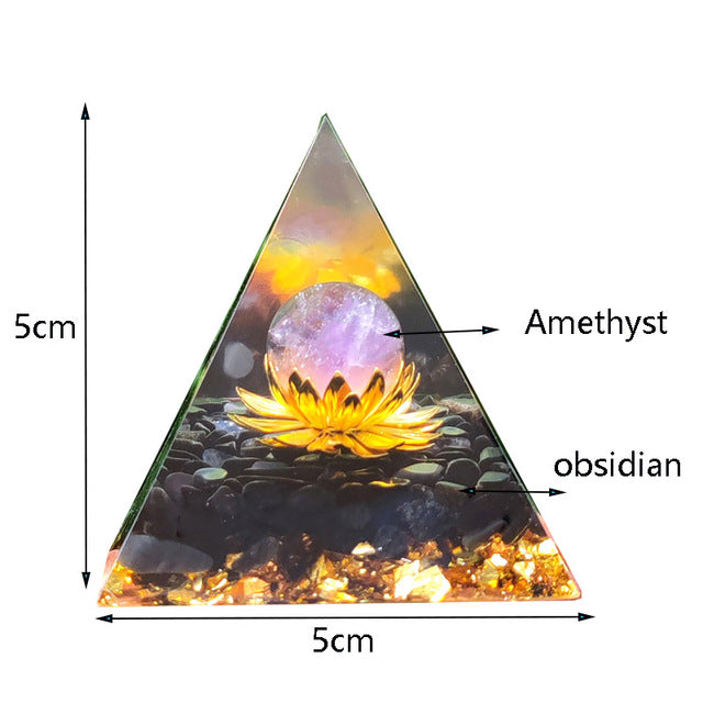 Flower Of Life Orgone Pyramid Natural Crystal Energy Obsidian + Amethyst