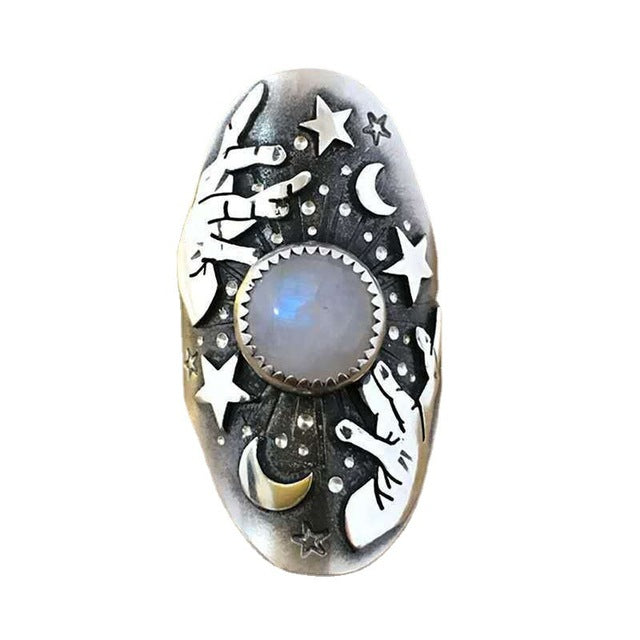 Bohemia silver finger star moon gemstone ring